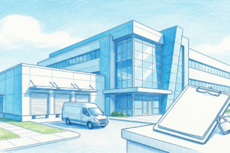 Hand-drawn illustration of a clinical laboratory building with a vendor ledger and a small padlock