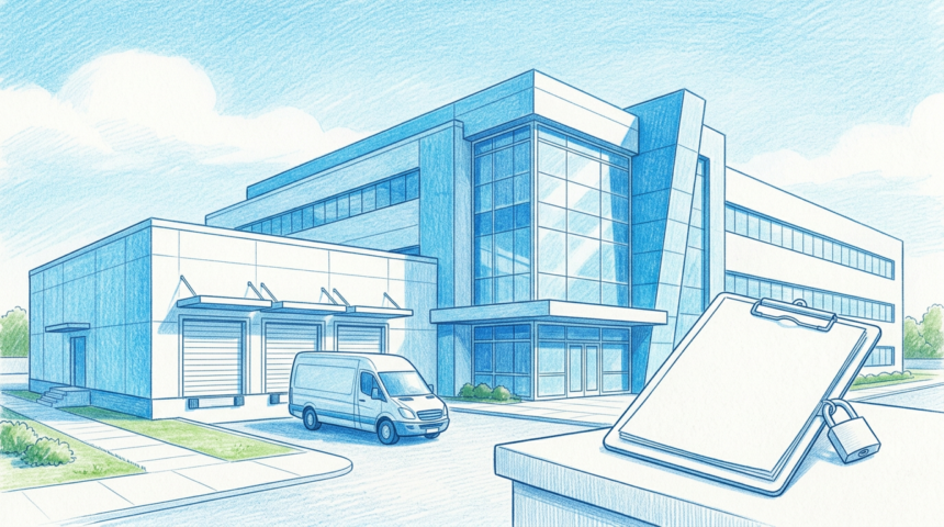Hand-drawn illustration of a clinical laboratory building with a vendor ledger and a small padlock