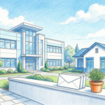 Hand-drawn illustration of a pharmacy services office and an allergy clinic beside stacked white folders