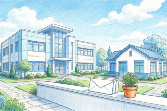 Hand-drawn illustration of a pharmacy services office and an allergy clinic beside stacked white folders