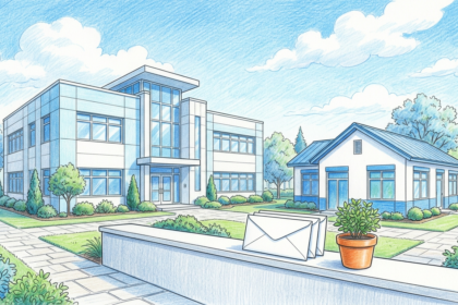 Hand-drawn illustration of a pharmacy services office and an allergy clinic beside stacked white folders