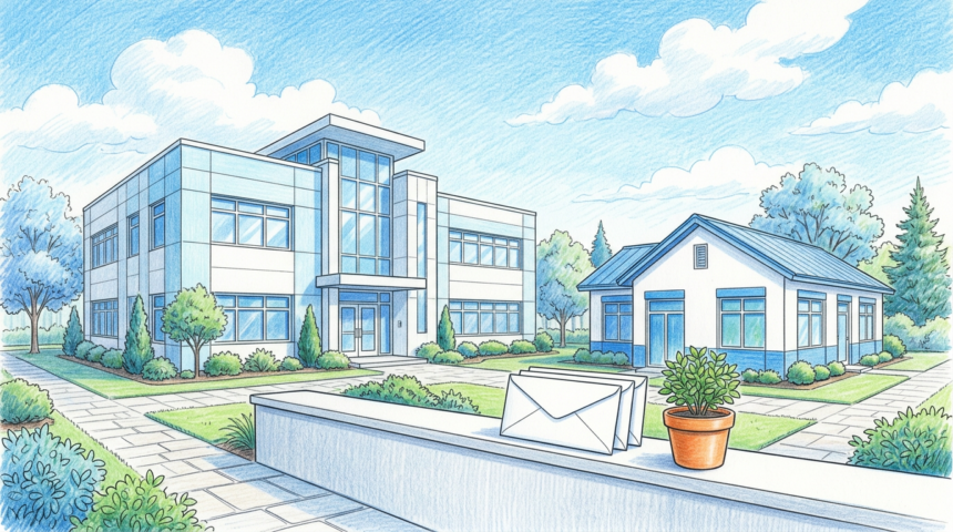 Hand-drawn illustration of a pharmacy services office and an allergy clinic beside stacked white folders