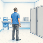 Hand-drawn illustration of a hospital IT room with plain server cabinets and a worker in a blue polo