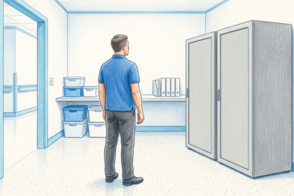 Hand-drawn illustration of a hospital IT room with plain server cabinets and a worker in a blue polo