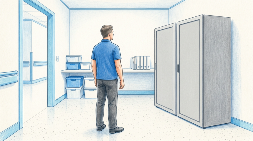Hand-drawn illustration of a hospital IT room with plain server cabinets and a worker in a blue polo