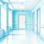 Hand-drawn illustration of a hospital corridor with a plain locked door and a security camera