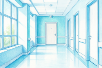 Hand-drawn illustration of a hospital corridor with a plain locked door and a security camera