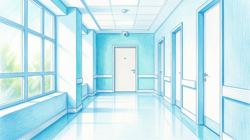 Hand-drawn illustration of a hospital corridor with a plain locked door and a security camera