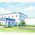 Hand-drawn illustration of a rural Georgia hospital building and a Louisiana urology clinic