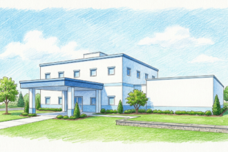 Hand-drawn illustration of a rural Georgia hospital building and a Louisiana urology clinic