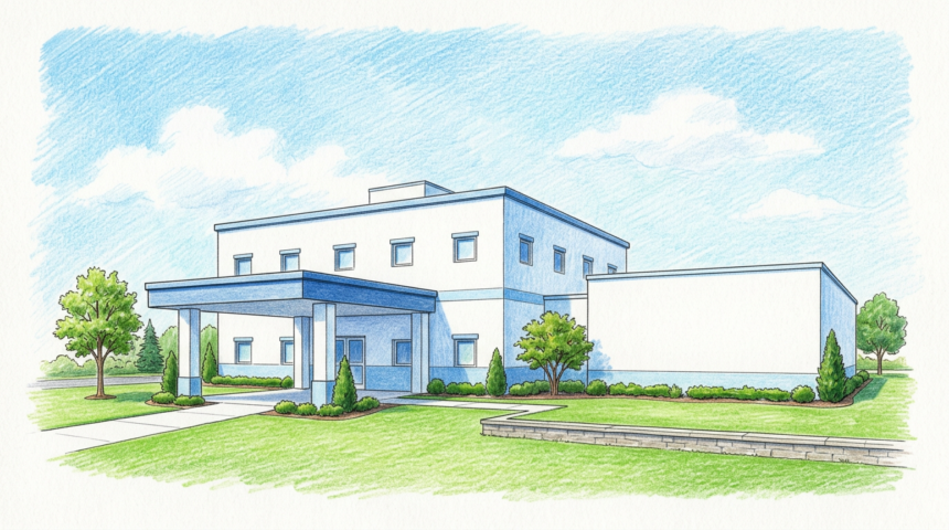 Hand-drawn illustration of a rural Georgia hospital building and a Louisiana urology clinic