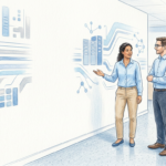 Illustration of hospital IT staff discussing systems beside a wall of abstract blue data lines
