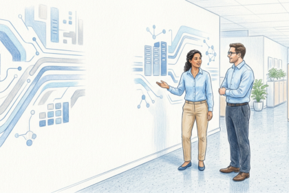 Illustration of hospital IT staff discussing systems beside a wall of abstract blue data lines