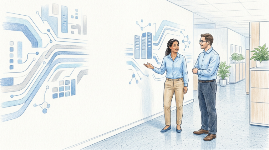 Illustration of hospital IT staff discussing systems beside a wall of abstract blue data lines