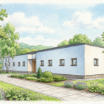 Illustration of a calm modern clinic building surrounded by trees in Poland