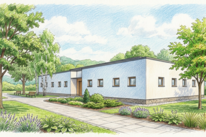 Illustration of a calm modern clinic building surrounded by trees in Poland
