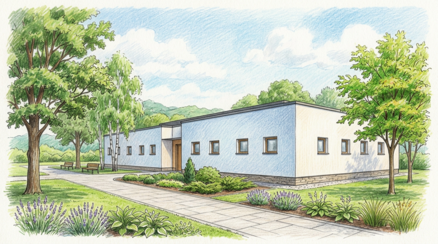 Illustration of a calm modern clinic building surrounded by trees in Poland