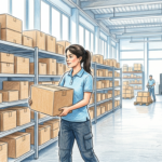 Illustration of a bright warehouse with plain boxes and a worker in a blue shirt