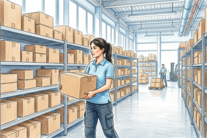 Illustration of a bright warehouse with plain boxes and a worker in a blue shirt