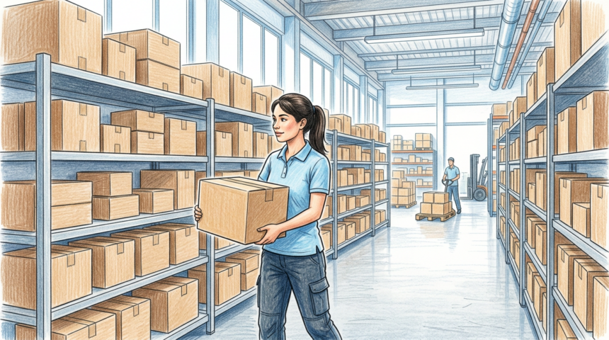 Illustration of a bright warehouse with plain boxes and a worker in a blue shirt