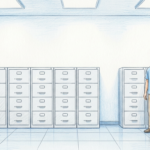 Illustration of a clean healthcare records archive room with filing cabinets