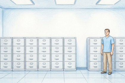Illustration of a clean healthcare records archive room with filing cabinets