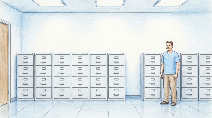 Illustration of a clean healthcare records archive room with filing cabinets