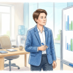 A healthcare analyst reviews abstract breach trend bars on a whiteboard in a bright clinical office.