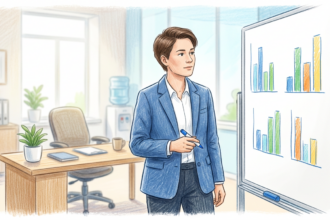 A healthcare analyst reviews abstract breach trend bars on a whiteboard in a bright clinical office.