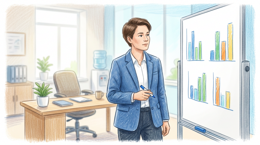 A healthcare analyst reviews abstract breach trend bars on a whiteboard in a bright clinical office.