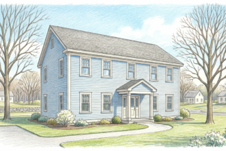 Exterior of a modest New England community services building on a clear morning.