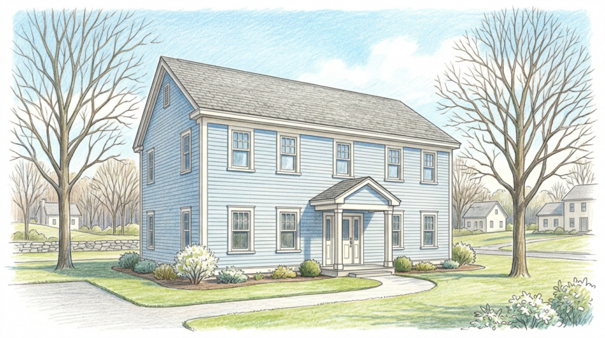Exterior of a modest New England community services building on a clear morning.
