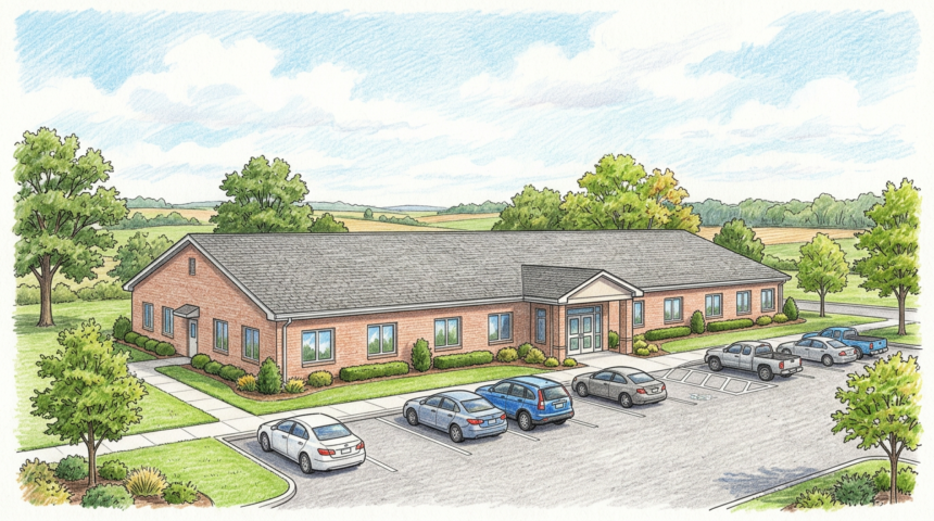 Exterior of a single-story rural community hospital with a small parking lot.