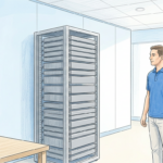 A technician stands beside a rack of plain network appliances in a bright clinical IT room.