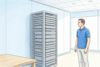 A technician stands beside a rack of plain network appliances in a bright clinical IT room.