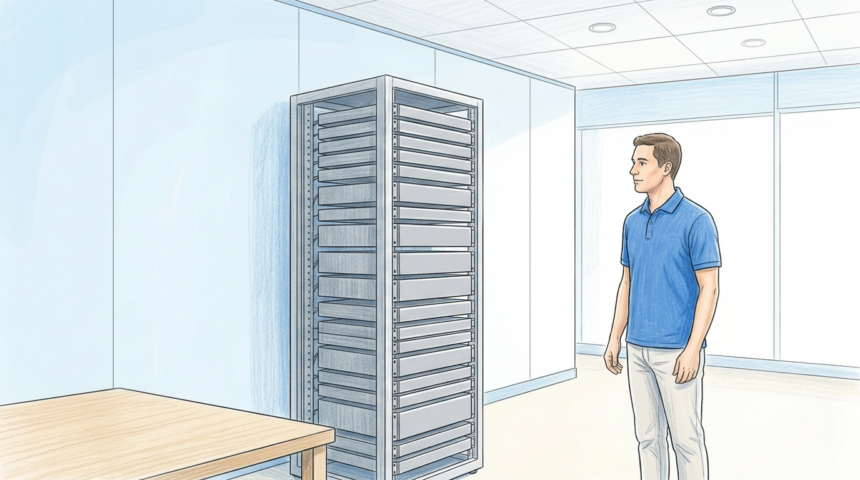 A technician stands beside a rack of plain network appliances in a bright clinical IT room.