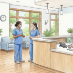 Hand-drawn illustration of a primary care office lobby with staff at a reception desk