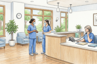 Hand-drawn illustration of a primary care office lobby with staff at a reception desk