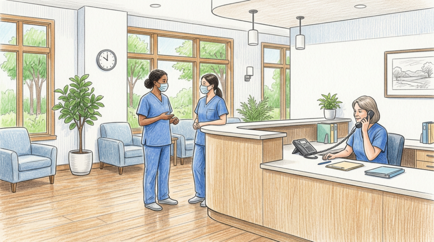 Hand-drawn illustration of a primary care office lobby with staff at a reception desk