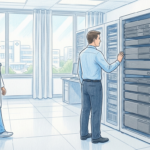 Hand-drawn illustration of a hospital IT room with a technician beside a server rack