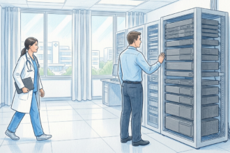 Hand-drawn illustration of a hospital IT room with a technician beside a server rack