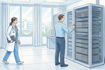 Hand-drawn illustration of a hospital IT room with a technician beside a server rack
