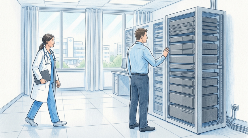 Hand-drawn illustration of a hospital IT room with a technician beside a server rack