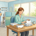 Hand-drawn illustration of a clinic back office with a billing administrator sorting envelopes