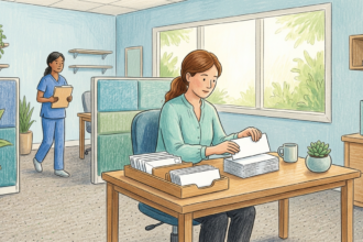 Hand-drawn illustration of a clinic back office with a billing administrator sorting envelopes