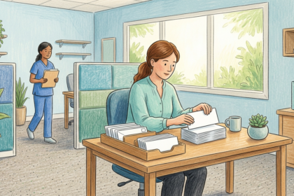 Hand-drawn illustration of a clinic back office with a billing administrator sorting envelopes