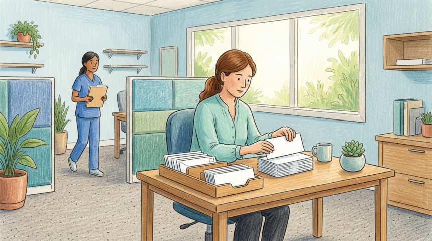 Hand-drawn illustration of a clinic back office with a billing administrator sorting envelopes
