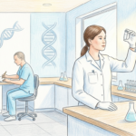 Hand-drawn illustration of a clinical genetics lab with a scientist examining a vial