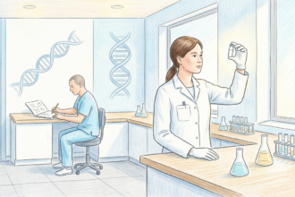 Hand-drawn illustration of a clinical genetics lab with a scientist examining a vial