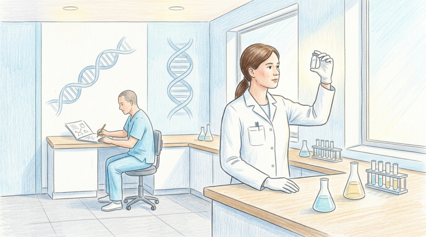 Hand-drawn illustration of a clinical genetics lab with a scientist examining a vial